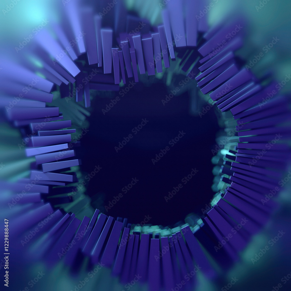 Poster Digital illustration of an interaction of metallic rectangular elements, with glints of neon color. 3d rendering