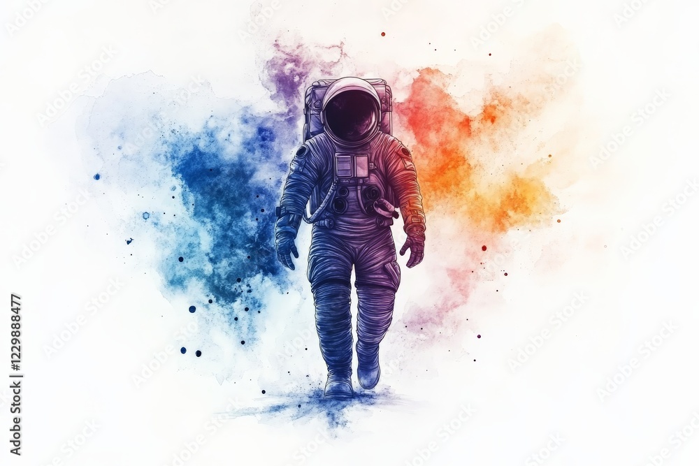 Poster Astronaut exploring a colorful cosmic landscape with vibrant hues in a surreal representation of space