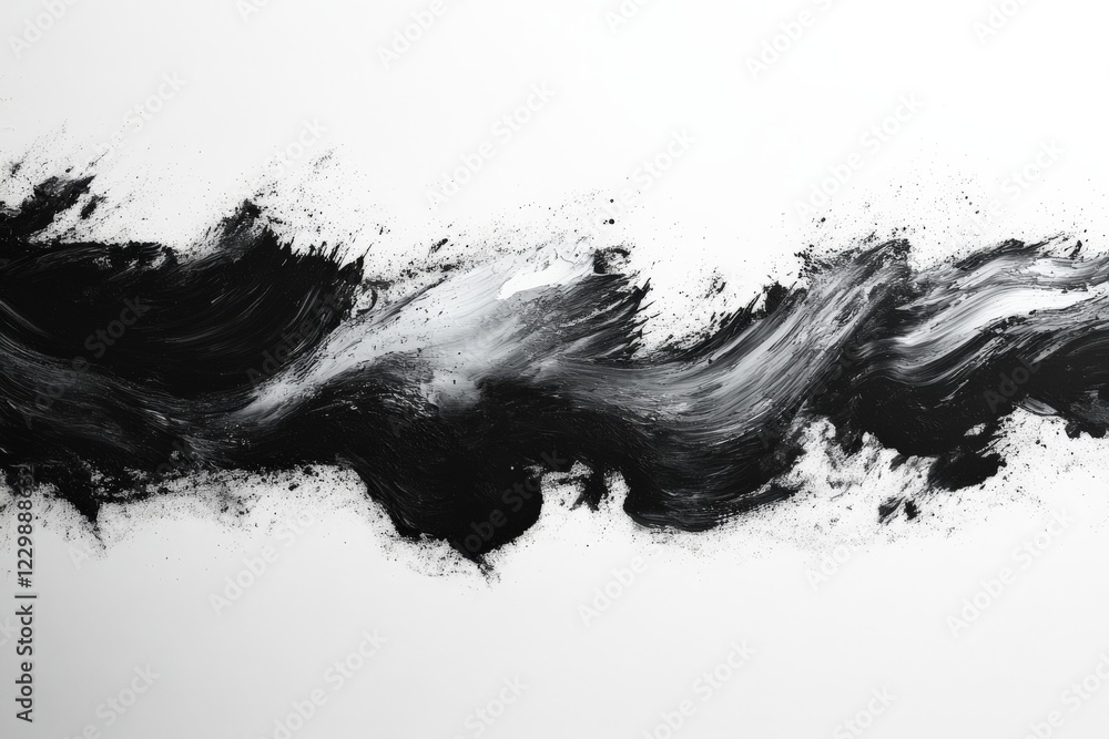 Poster abstract black and white painting showcasing dynamic brush strokes and textures with contrasting col