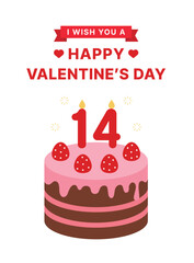 A banner illustration for Valentine's Day, a day when lovers give each other chocolates. Illustration of strawberry chocolate cake with number 14 candle.