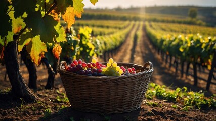 Freshly picked red and green grapes in a basket at vineyard in bright sunlight