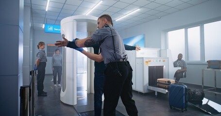 Airport Terminal Security Check: Adult Man, Tourist Passes Through Metal Detector Scanner Gates....