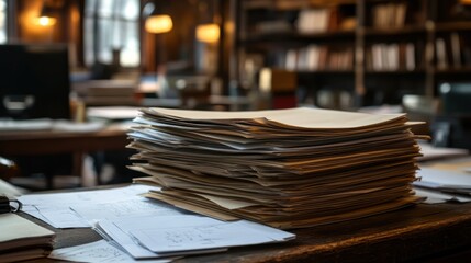 High stack of papers on wooden desk in library.