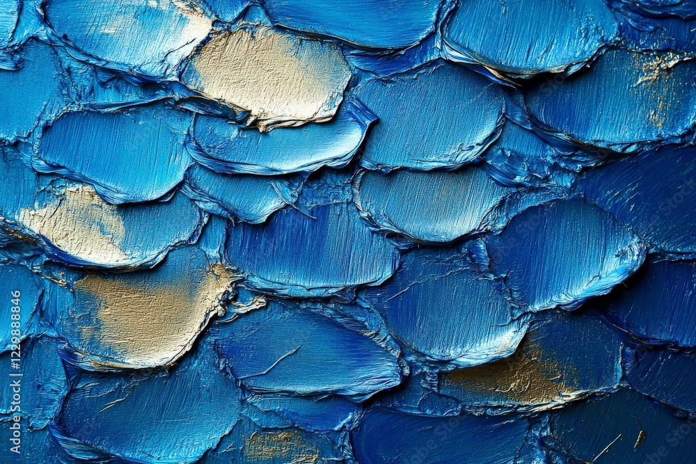 Poster textured blue abstract art featuring layered scales with golden highlights capturing the essence of 