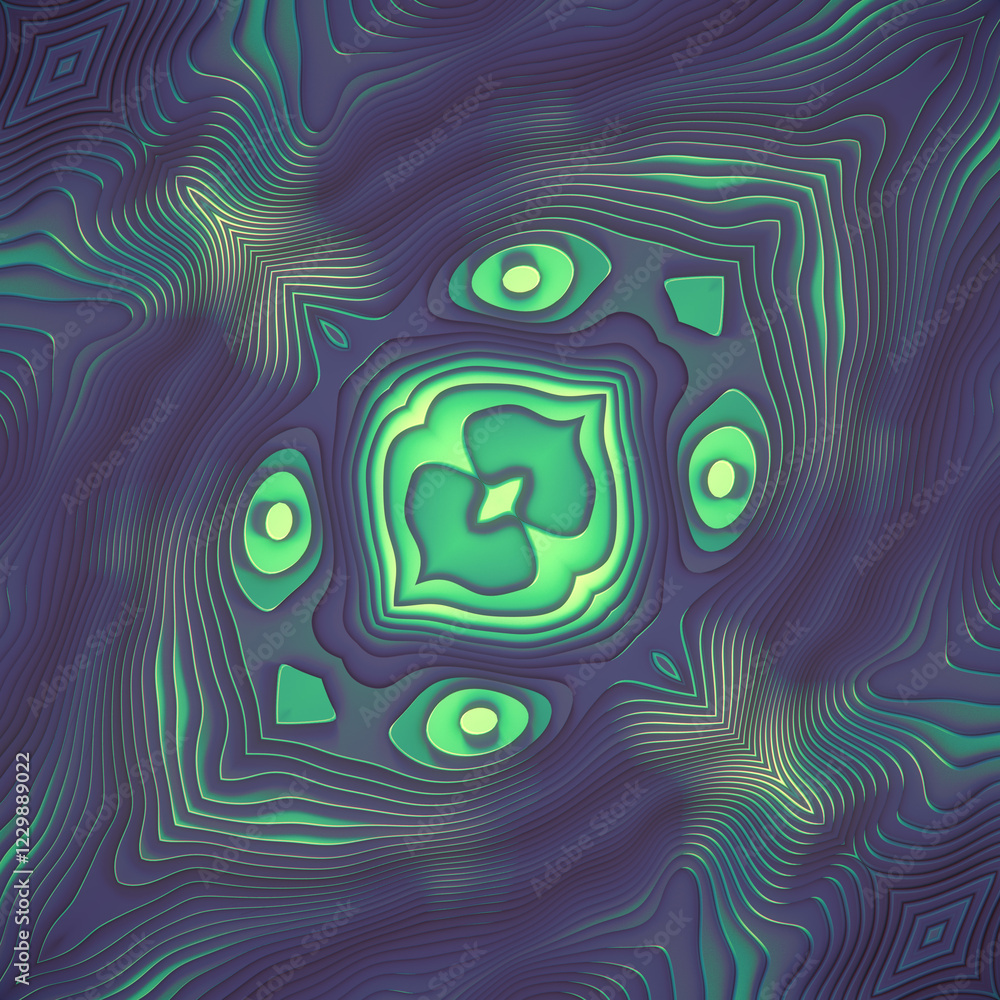 Poster digital illustration of a light green symmetrical pattern. 3d rendering