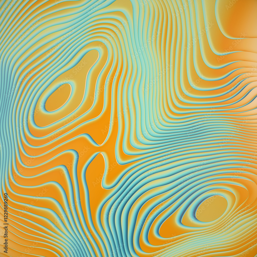 Poster a colorful wavy yellow and blue intricate pattern. 3d rendering digital illustration