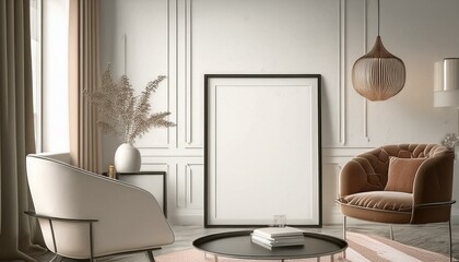 Mockup poster frame on the wall of living room. Luxurious apartment background with contemporary design. Modern interior design. 3D render, 3D ... See More