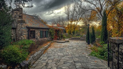 Obraz premium Autumnal Stone Cottage Serenity: A Picturesque Fall Scene