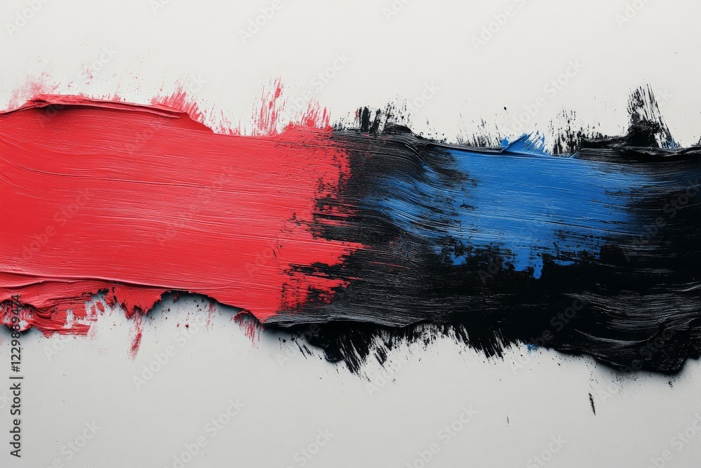 Poster Bold strokes of red, blue, and black paint create an artistic abstract on a white canvas
