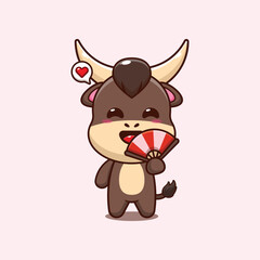 bull mascot cartoon character vector illustration with hand fan