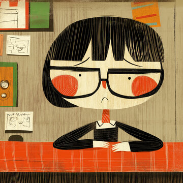 A cartoon girl with black hair and glasses sits alone at the front desk of an office, looking sad and stressed. Her miserable facial expression reflects the pressures of her job as a receptionist