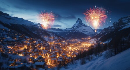 Stunning Night View of Mountain Village with Spectacular Fireworks Display Above Snow-Covered Landscape in a Winter Wonderland Setting