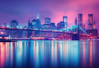 Stunning Night View of New York City Skyline with Colorful Reflections and Iconic Brooklyn Bridge Illuminated Against a Soft Purple Sky