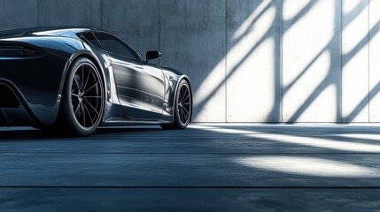 A sleek black sports car rests against a concrete wall, illuminated by dramatic shadows and light patterns.