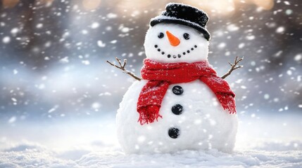 A cheerful snowman stands in the snowy winter landscape