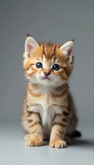 Tiny fluffy kitten, gray background, soft fur, paws, animal