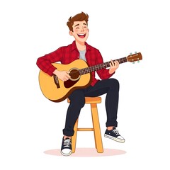 Obraz premium A cheerful young man playing an acoustic guitar in a vibrant illustration.