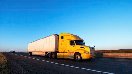 A yellow semi truck travels along a highway generative ai