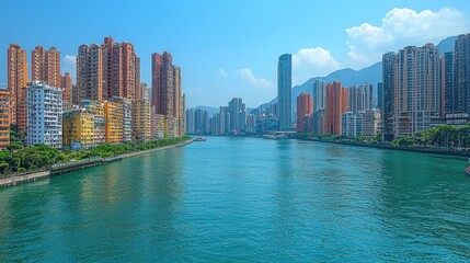 Naklejka premium Hong Kong Cityscape Skyline River Buildings Modern Architecture