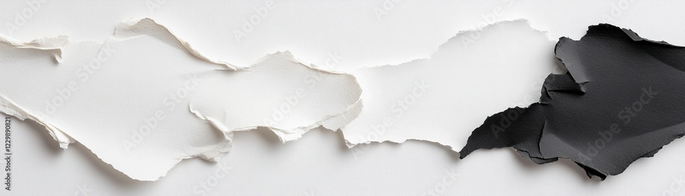 Poster black and white torn paper creates a striking contrast, dividing the background into two distinct ha