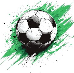 Football championship Design banner. Illustration banner with logo Realistic soccer ball Isolated on white background with green splashes. black and white classic leather football ball