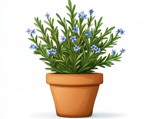 Fototapeta premium Fresh Blue Flowering Plant in Brown Terracotta Pot on White Background