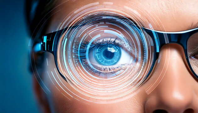 Close-up of a woman's eye with futuristic digital overlay.  Ideal for tech, healthcare, AI, and future technology concepts.  Stunning visual for websites, presentations, and marketing materials.