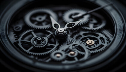 Intricate close-up of a mechanical watch's inner workings, showcasing complex gears and intricate design.  A dark, moody aesthetic emphasizes precision engineering.