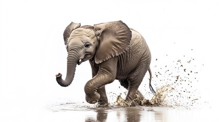 Fototapeta premium A baby elephant splashing in a small puddle, the white background accentuating its movements