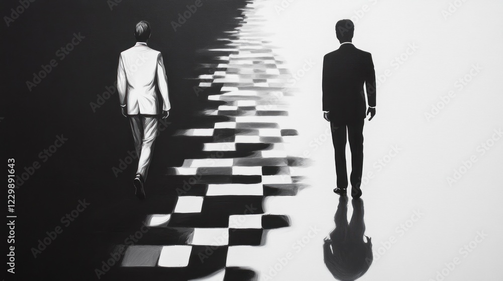 Poster Two Men Walking Towards Each Other in Black and White