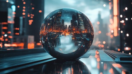 Futuristic urban nightscape featuring an illuminated globe and reflective city lights