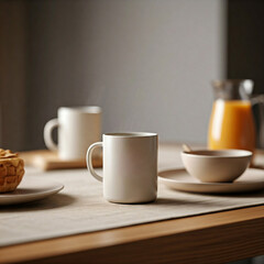 white cup of coffee on wooden table. blank white coffee mug mockup.