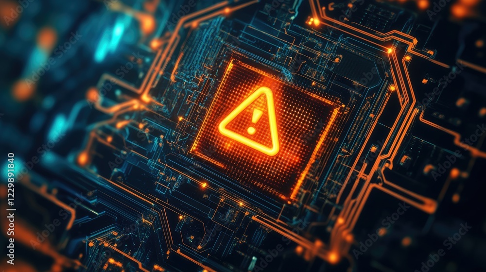 Poster a circuit board with a flashing caution icon, indicating cybersecurity risk.