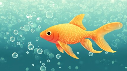 Fototapeta premium A colorful orange fish elegantly gliding through bubbles in a lively underwater environment