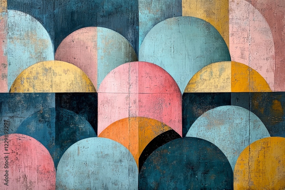 Poster colorful abstract mural featuring curved shapes on textured surface in a modern indoor setting