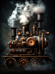 This stunning image showcases a vintage steam locomotive, adorned with intricate brass and copper details, producing billowing clouds of steam against a dramatic dark background.