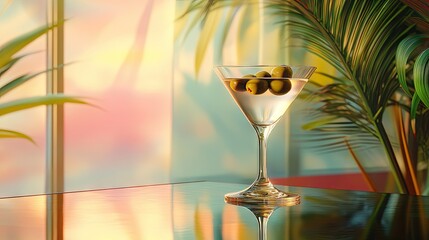 A classic dry martini with olives, placed on a reflective surface with a bright tropical background.
