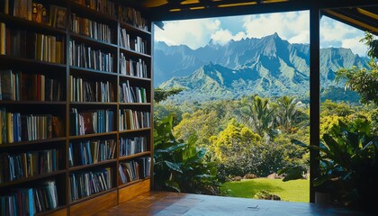Fototapeta premium cozy study room with a large bookshelf adorned with books, set against a stunning mural of mountains and trees, evoking a sense of peace and nature