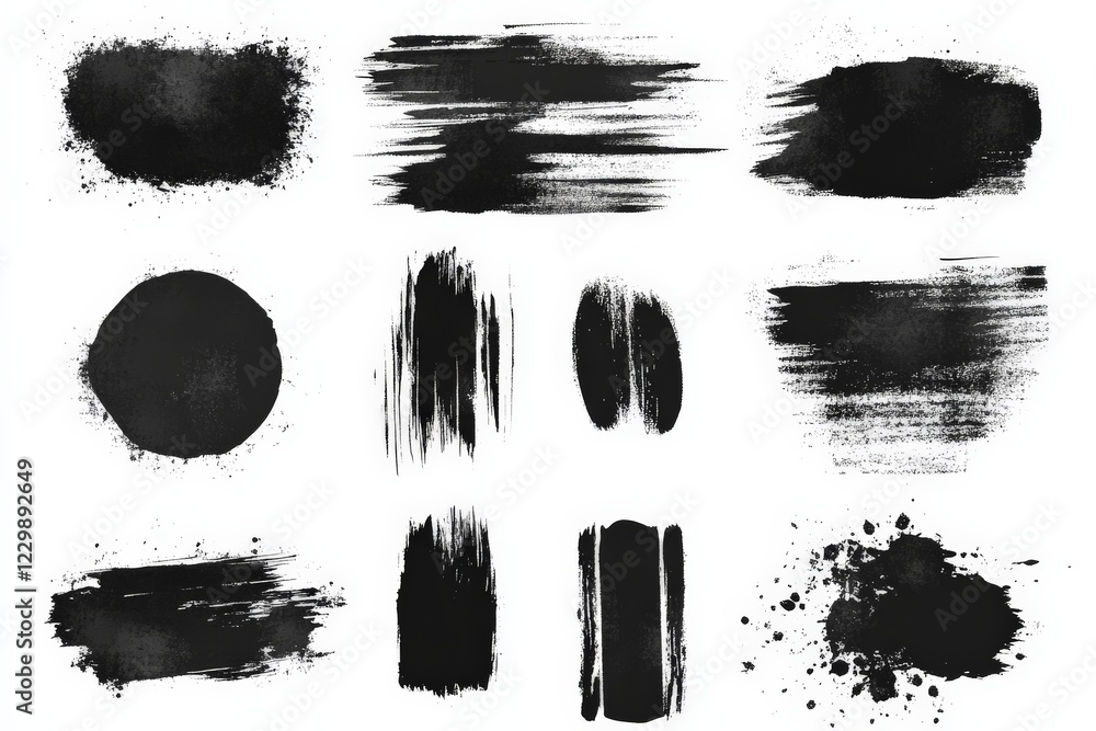 Poster Abstract black brush strokes and textures arranged on a white background showcasing artistic design elements for creative projects
