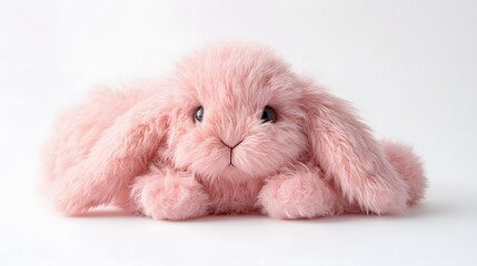 A plush pink bunny laying flat on a white background