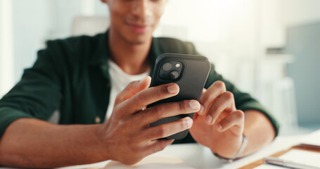Office, phone and hands of business man with online text, message and communication. Professional, creative worker and person on smartphone to check internet, social media and emails on mobile app