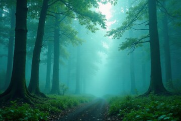 Obraz premium Trees and fog in a mystical forest atmosphere, dense, forest, verdant