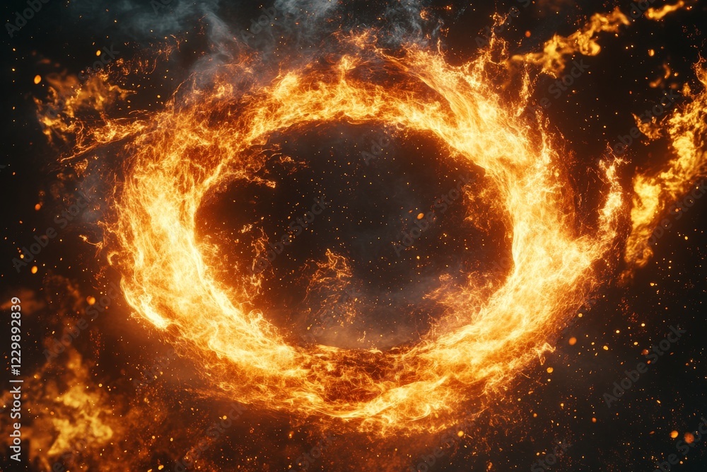 Poster Vibrant flames form a circular pattern against a dark, smoky background with glowing embers in the atmosphere