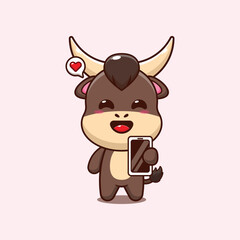 bull mascot cartoon character vector illustration with mobile phone