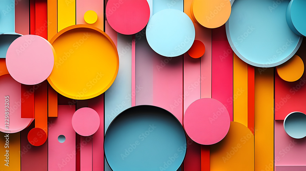 Poster colorful abstract composition featuring circular shapes and vibrant vertical stripes in a playful ar