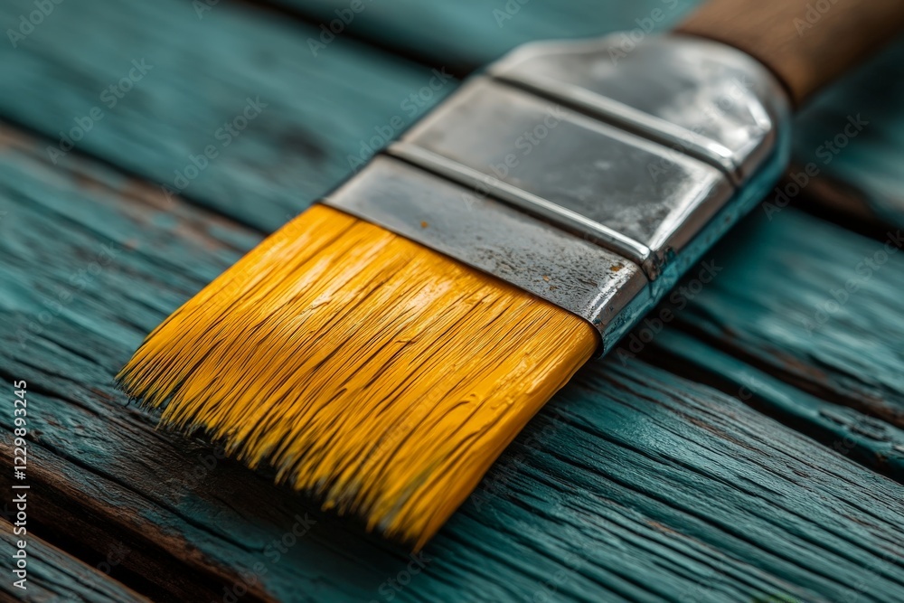 Poster close-up of a paintbrush with bright bristles resting on weathered wooden surface during a diy proje