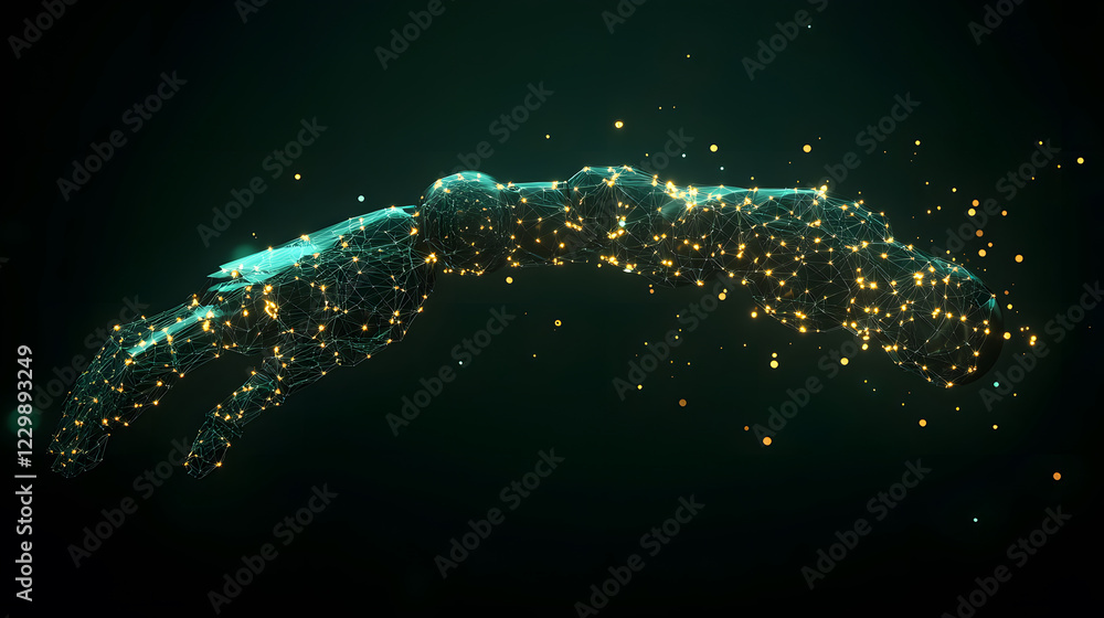Poster vibrant particles create a dynamic arc against a dark background, resembling a wave of energy or lig