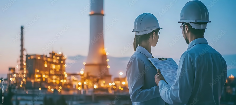 Poster a distant view of a nuclear power plant, showing cooling towers and structures with a blurred backdr