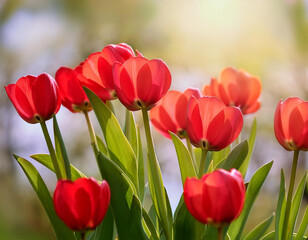 bright red tulips blooming against a softly lit background in springtime