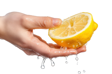 A hand holding a lemon. ,on transparent background.